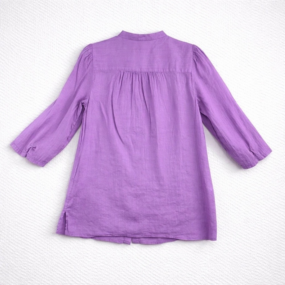 LOFT Purple Band Collar Button Down Blouse 3/4 Sleeve Pleated Yoke Size M - Picture 2 of 10